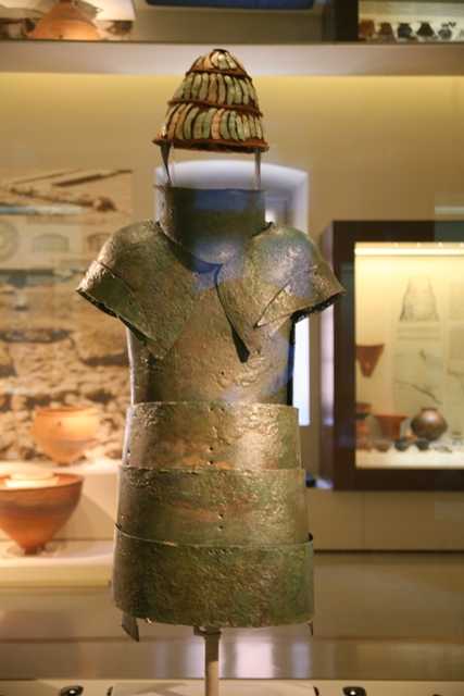 Nafplio - Mycenaean bronze suit of armour with boars' tusks helmet